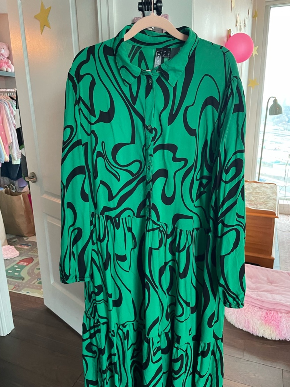 Rainbow Green & Black Abstract Button-Up Dress